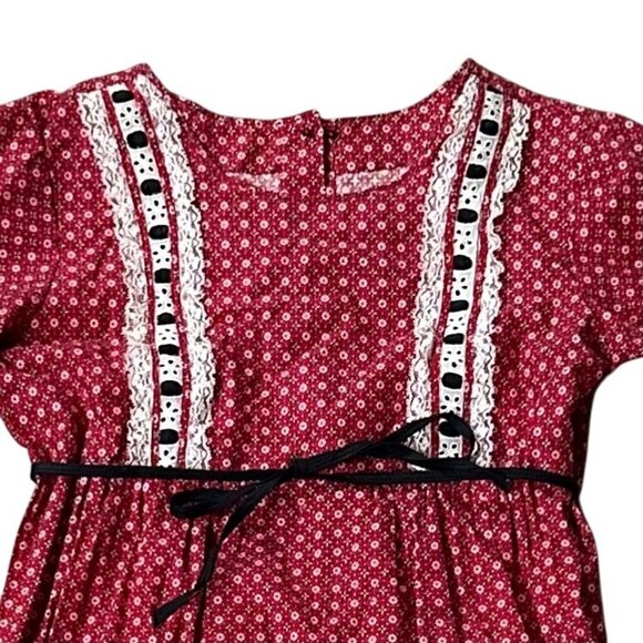 Vintage 1970s Handmade Prairie Dress Red Black White Lace Retro Cotton Belted - Picture 4 of 5